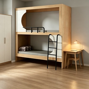 Lit superposé en bois avec échelle, rangement <span class=keywords><strong>intégré</strong></span> et rideaux d'intimité pour chambre d'enfant - Product Image 2