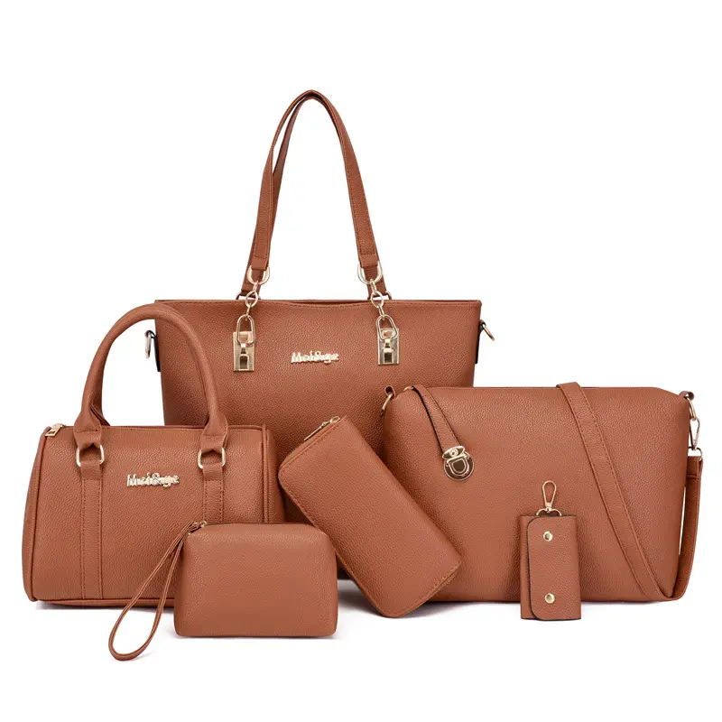 Hot sale ladies designer hand bag women's tote bags zipper purse brown PU leather satchel bags women handbag set 6 in 1