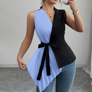 เสื้อเชิ้ตผูกเอวแบบอสมมาตรคอวีสีบล็อกสำหรับผู้หญิงแฟชั่น - Product Image 4