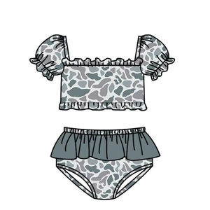 S0759 Traje de Baño Personalizado para Niña Pequeña, Diseño de Camuflaje Gris, Venta al por Mayor, Traje de Baño de Manga Corta de 2 Piezas - Product Image 1