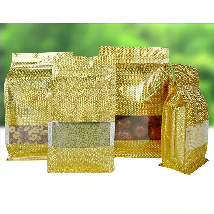 Lato 8 Piatto Fondo Food Packaging Stand Up Sacchetto di Tè oro colore personalizzato ologramma sacchetto della chiusura lampo di Plastica con finestra