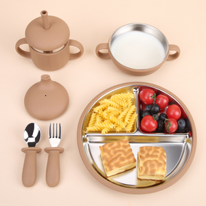 Ensemble de sevrage pour bébés et tout-petits, comprenant un bol et une assiette en silicone à ventouse, une tasse à bec, un bol et des assiettes en acier inoxydable, idéal comme cadeau pour nouveau-né, ensemble d'alimentation pour bébé - Product Image 1