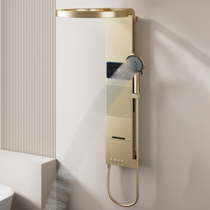 Ensemble de douche mural contemporain en or avec mitigeur à poignée unique, jet de pluie, fonction pause douce, chrome brossé, noyau de valve en céramique - Product Image 3