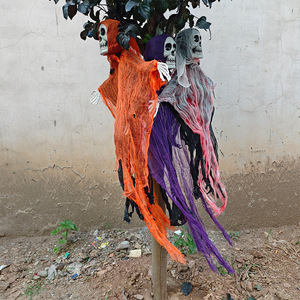 Décorations de Halloween tricolores en forme de crâne, accessoires de squelette d'extérieur, un ensemble de 3 couleurs, ornement en feuille de plastique pour fête ou maison hantée - Product Image 3