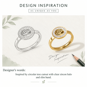 <b>Tree</b> Halo Ring Stainless Steel 14K Gold Vacuum Plated Zircon circular <b>tree</b> cutout with clear zircon halo and <b>slim</b> bandTree Halo - Product Image 4