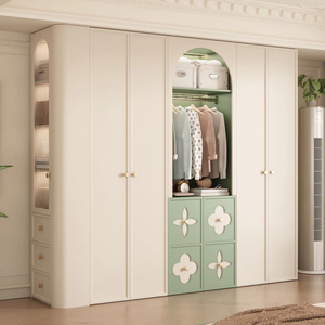 Armoire moderne minimaliste crème style français, porte laquée courbée avec étagères contrastées, vitrine latérale pour rangement de chambre - Product Image 3