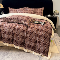 Parure de lit de luxe 4 pièces en polyester lavé effet soie, draps en satin imprimés à bordure large et couleur contrastante, teinture réactive