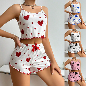 2025 Phụ Nữ Mới Của Bộ Đồ Ngủ 2 Pcs Ngắn Tank Tops Và Quần Short Mềm Mại Giản Dị Tình Yêu In Ấn S M L - Product Image 1