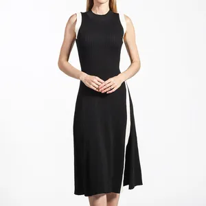 ISO9001 مصنع التريكو سترة ملابس تصميم خاص بلا أكمام ضيقة أساسية ملائمة جيرسي طويل نمط بسيط أوف شولدر فستان مرقع