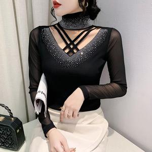 Nueva camisa de fondo de manga larga ajustada con joyas huecas de terciopelo de zorro plateado grueso a la moda de cuello alto <span class=keywords><strong>para</strong></span> <span class=keywords><strong>mujer</strong></span> - Product Image 6