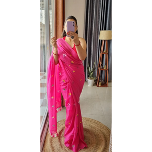 Sarees de Algodón Khadi de la Mejor Calidad con Bordado de Barra de Color y Borlas (Con Blusa), para Oficina/Uso Diario y Fiestas - Product Image 6