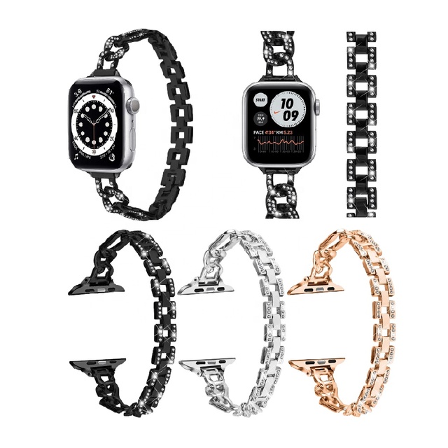For Apple Watch 8 7 6 5 4 Smart Bracelet Replacement Wrist Strap Accessories Oval Metal Diamond Watch Band