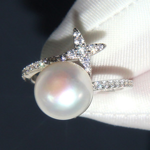 Q347 <b>Pearl</b> <b>Ring</b> Silver With Diamond Side Stones Round Brilliant Cut Natural G Color For Women Wedding Jewelry - Product Image 2
