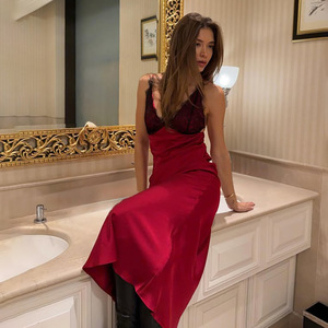 Vestido de Noche con Cuello en V, Adorno de Encaje, Corte Entallado, Capa Transparente Larga, Cintura Natural, Elegante para Banquetes - Product Image 2