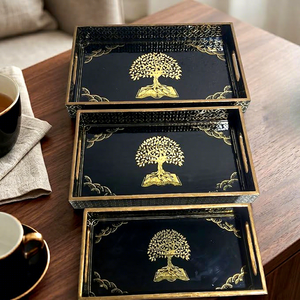 Luxury Black and Gold Decorative Serving Trays Set with Tree of Life Design Handcrafted Vanity Tray Coffee <b>Table</b> Décor Gift Tray - Product Image 3