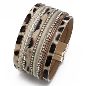 ZG-11 wanita, perhiasan tangan gelang magnetik buatan tangan Multi lapisan paduan tenun macan tutul cetak kristal gelang kulit