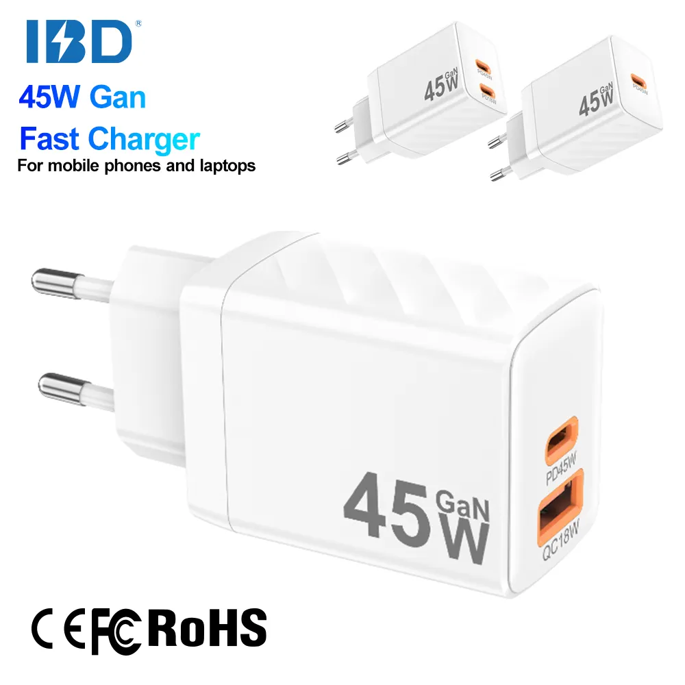 IBD Venta al por mayor original PD45W GAN Cargador de pared rápido 2 puertos USB tipo C cargadores y adaptadores multifunción para teléfono celular portátil 15