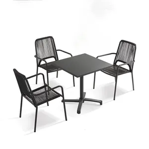 Modern Commercial Aluminum Coffee Shop And Restaurant Furniture Outdoor Patio Square Tables And Rope Chairs Set For Dining Gym