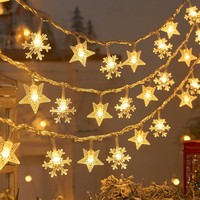 Guirnalda de Luces LED 3M con 20 Luces en Forma de Estrella y Copo de Nieve, Funciona con 3 Pilas AA, Luz Blanca Cálida, Modo Dual, Decoración Navideña