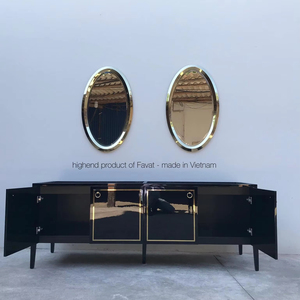 Meuble de salle de bain moderne de luxe noir brillant avec garniture en métal doré et miroir mural ovale pour hôtel, appartement, villa - Product Image 1