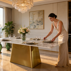 Table à manger de luxe de style italien en acier inoxydable doré <span class=keywords><strong>6</strong></span> <span class=keywords><strong>places</strong></span> avec plateau en marbre naturel <span class=keywords><strong>ardoise</strong></span> Meubles modernes pour villa - Product Image 4