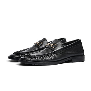 Mocasines Negros de Cuero Genuino para Hombre, Estilo Slip-On con Punta Redonda, Suela de Goma Antideslizante, Estilo Ejecutivo para Todas las Temporadas - Product Image 1