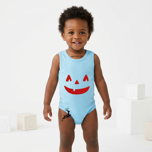 Venta Directa de Fábrica: Pelele de Verano para Bebé Recién Nacido, Unisex, con Volantes, Sin Mangas, Cierre de Botones a Presión, Tejido de Algodón, Estampado de Cara de Calabaza - Product Image 1