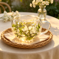 Mug en verre à double paroi avec fleurs séchées naturelles vertes, tasse à café ou à thé isolée en borosilicate résistant à la chaleur avec poignée