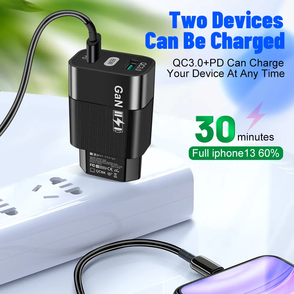 Bán buôn 65W EU/chúng tôi CE/RoHS/FCC cổng kép USB C Power Adapter Type-C QC 3.0 cho Samsung Máy tính bảng tường sạc