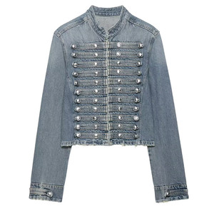 ZEVITY Vente en gros 2026 – Veste courte en <span class=keywords><strong>jean</strong></span> élégante pour femme, style rétro, avec boucles décoratives, manches longues et col montant - Product Image 1