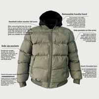 Veste en coton pour homme, col baseball, hiver 2026, capuche amovible, épaisse, imperméable, motif uni, manches longues, en stock