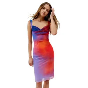2024 Customized Fashion Nylon Tie-Dye Laser Gradient Color Camisole Front Pleated Design Skinny Women's Skirt Dresses For Women