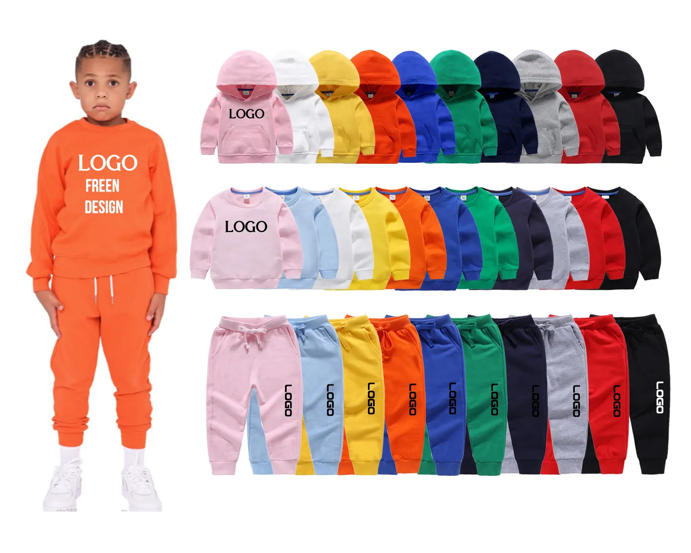 Conyson Cotton Children Plain Solid Color 2-teiliges Set Mode Benutzer definierte Kinder Großhandel Hoodies LOGO Trainings anzug Kinder bekleidung Set