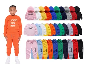 Conyson Cotton Children Plain Solid Color 2pcs Set Fashion Custom kids wholesale hoodies LOGO Tracksuit Child Clothing Set