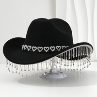 Chapeau de cowboy pour mariage et Saint-Valentin, décoré de diamants en forme de cœur et de pompons, chapeau de fête pour la mariée