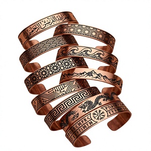 Copper Open Cuff <b>Bangle</b> Bracelet Set Multi Pattern <b>Engraved</b> Arabic Calligraphy Honeycomb Wave Mountain Circuit Greek - Product Image 1