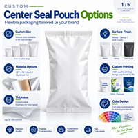Sachet personnalisé à scellage central, sac à scellage arrière, emballage souple à scellage à ailette, imprimé, de qualité alimentaire pour café, snacks, poudre, bonbons, aliments pour animaux de compagnie