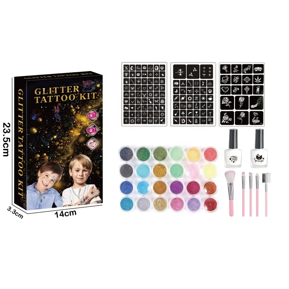 DIY renk pırıltılı Glitter toz ile çıkarılabilir dövme oyun evi güzellik makyaj çocuklar için oyuncak kozmetik setleri oyna Pretend