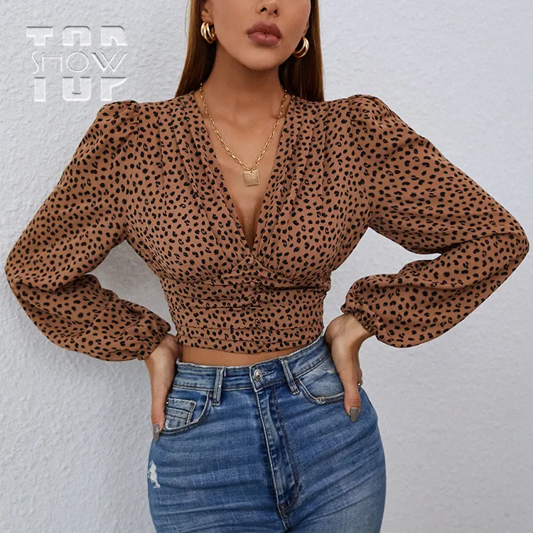 Fashionable Summer Short Women Sexy Deep V Neck Pullover Top All Over Print Buff Sleeve Shirred Back Brown Crop Blouse