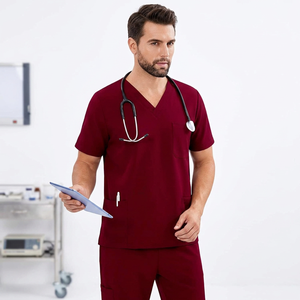 Blouse de travail pour homme, couleur bordeaux, col en V, avec poche et attache pour stéthoscope, uniformes d'hôpital - Product Image 1