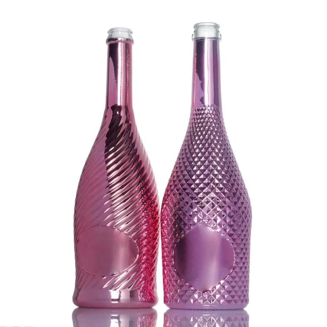 फैंसी 750 एमएल क्रोम पॉलिश रेशम प्रिंटिंग स्पार्कलिंग वाइन शैंपेन कांच की बोतल धातु लेबल के साथ
