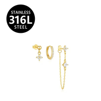 Elegante Juego de 3 Pendientes de Acero Inoxidable 316L Chapados en Oro, con Flor de Circonita Cúbica, Huggie con Pavé y Colgante de Cadena para Joyería de Perforación