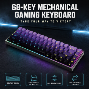 Clavier de jeu mécanique avec interrupteurs bleus, 68 touches, interchangeables à chaud, touches PBT imprimées latéralement, rétroéclairage RVB, filaire USB-C, compact 65% pour gamers - Product Image 1