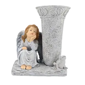 ヨーロッパの樹脂製手工芸品装飾エンジェルキャンドルホルダーソーラーランプ墓地フィギュア花瓶像装飾