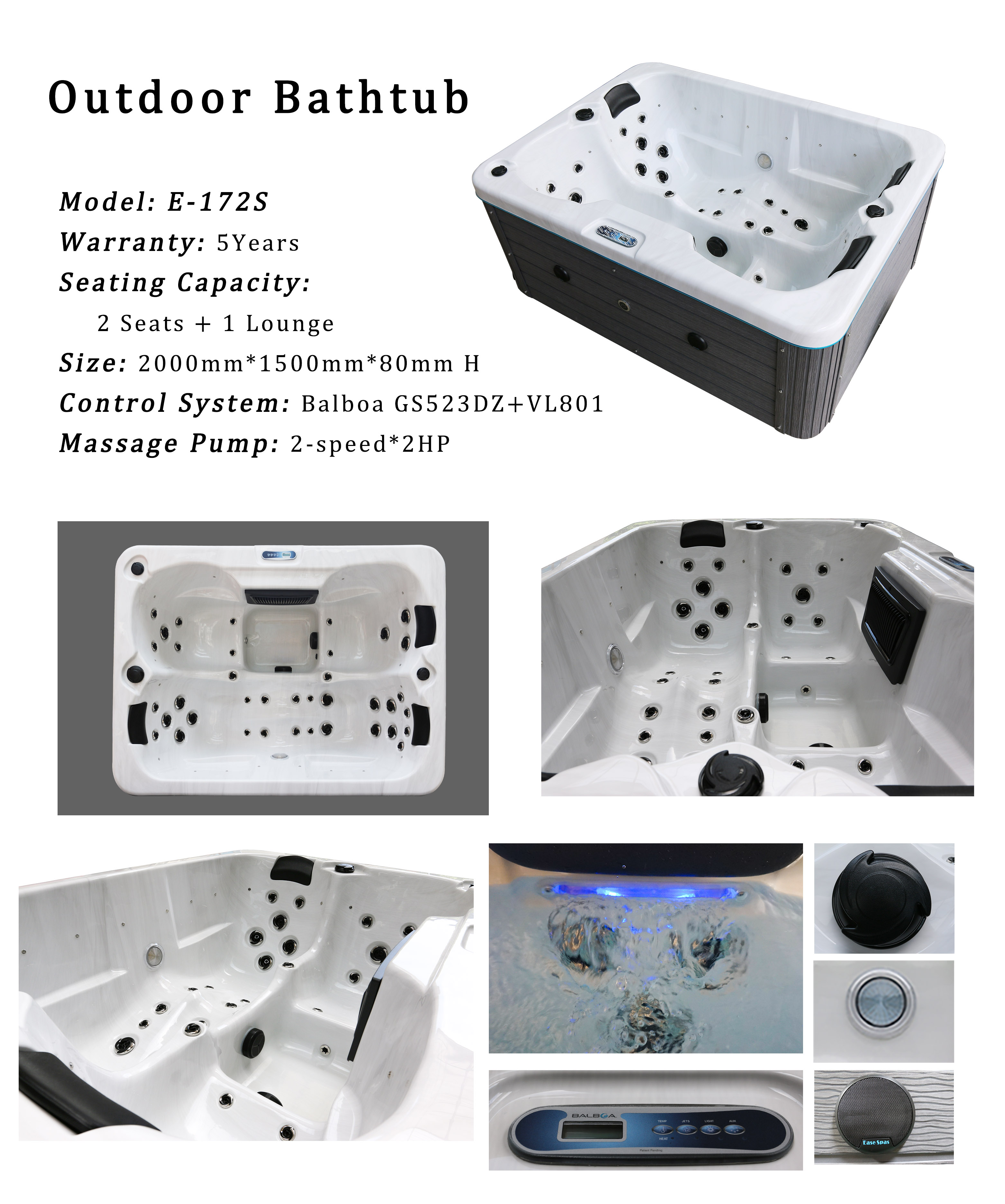 3 Seats Hydro Massage Backyard Hot Tubs Outdoor Spa Bathtub With 30 Jets