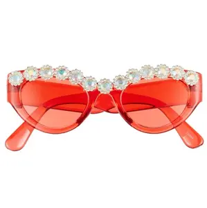 Hot Selling Custom Design Dames Cat Eye Frame Blauw Rood Oranje Luxe Nova Crystal Zonnebril 2024