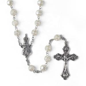 Mode Vintage Religieux Blanc Rose Chapelet Notre Dame <span class=keywords><strong>de</strong></span> <span class=keywords><strong>Fatima</strong></span> Pendentif Croix Baptême Collier <span class=keywords><strong>De</strong></span> Perles pour Femmes - Product Image 1