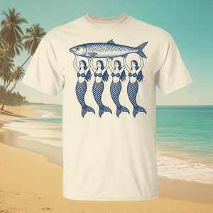 Camiseta con gráfico retro de verano costero de sirena y pez sardina - Product Image 3