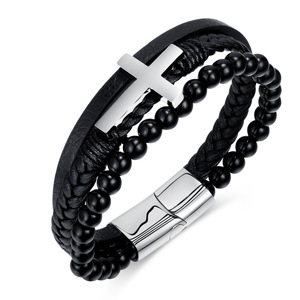 สร้อยข้อมือหนัง PU สีดำสำหรับผู้ชายพร้อมจี้รูปกางเขนสไตล์ศาสนาเป็นของขวัญ - Product Image 4