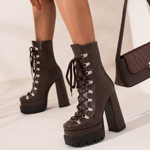 Botines de Tacón Alto y Plataforma Gruesa Antideslizantes para Mujer, con Cordones y Punta Cuadrada - Product Image 1
